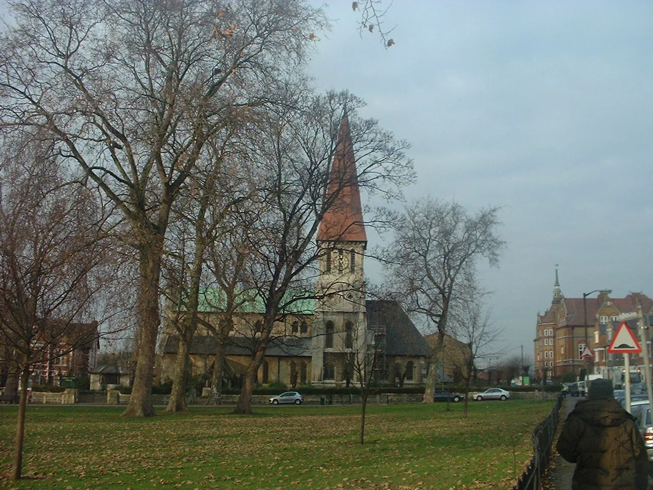 East Dulwich - St. John the Evangelist, East Dulwich, viewed across Goose Green, London, England, UK.