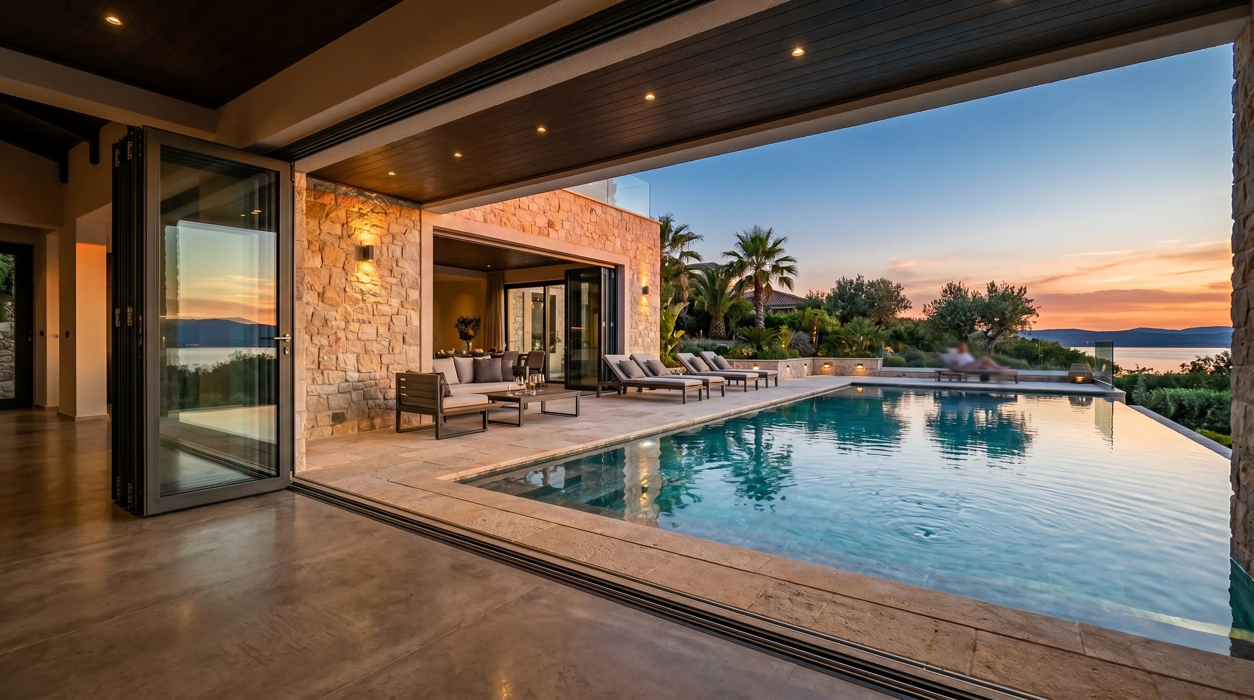 Modern outdoor space with a swimming pool and lounge area, perfect for luxury home refurbishment