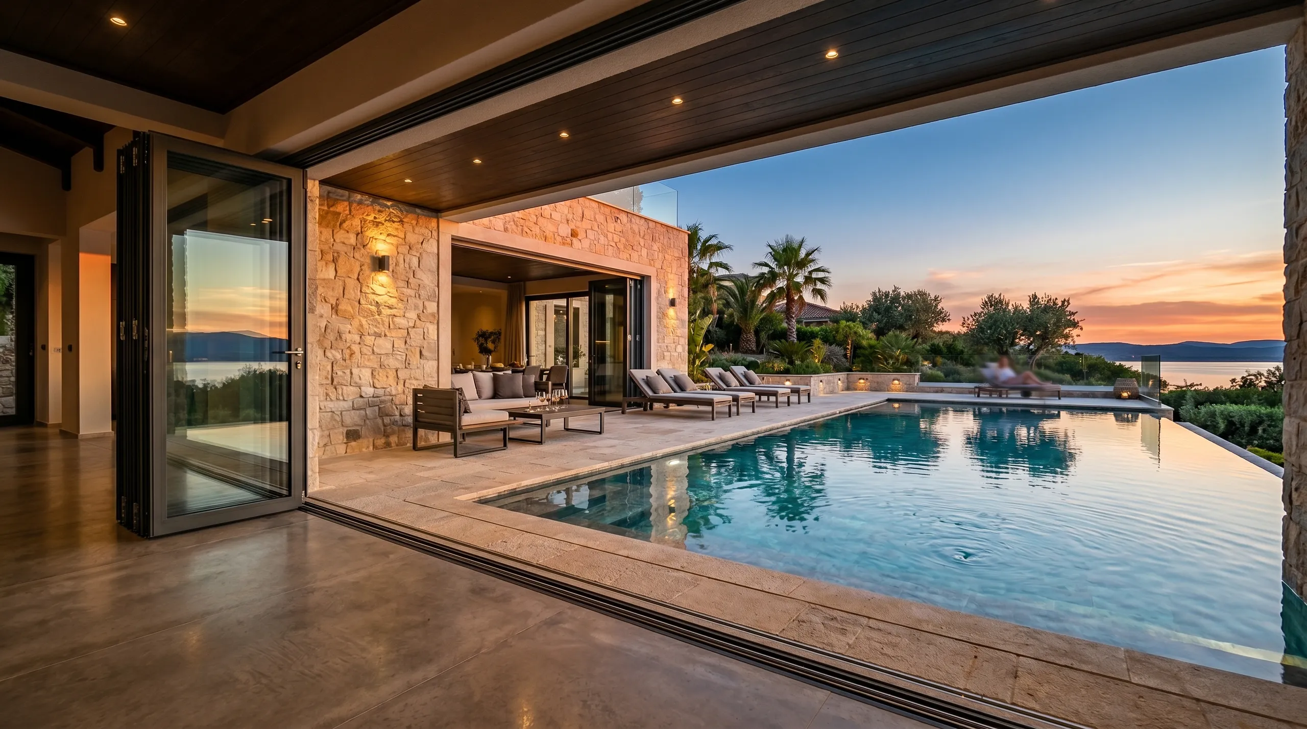 Modern open living space overlooking a pool and sunset, ideal for home refurbishment