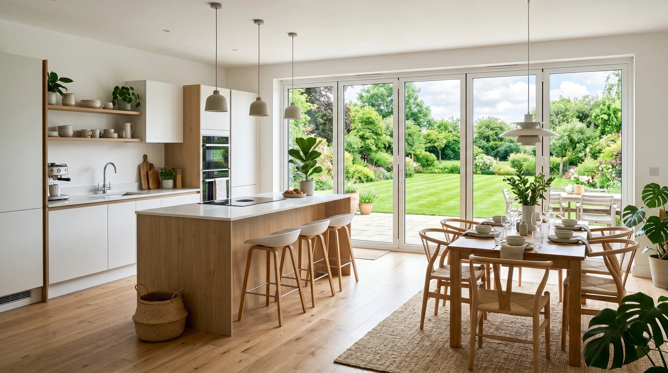 Modern kitchen with dining area, featuring wooden furnishings and large windows opening to a garden