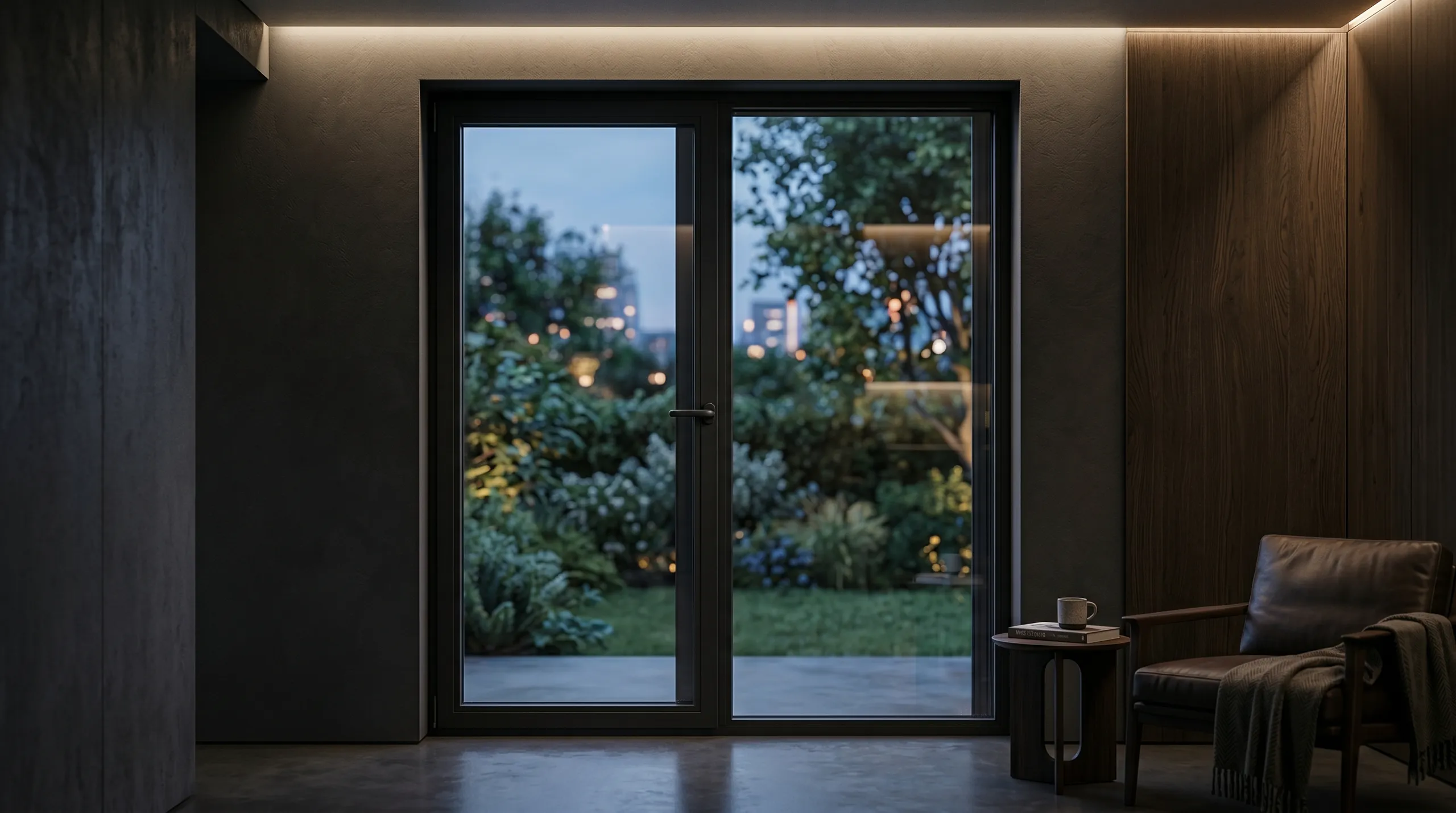 Modern glass sliding doors leading to a lush garden, showcasing interior design and outdoor space