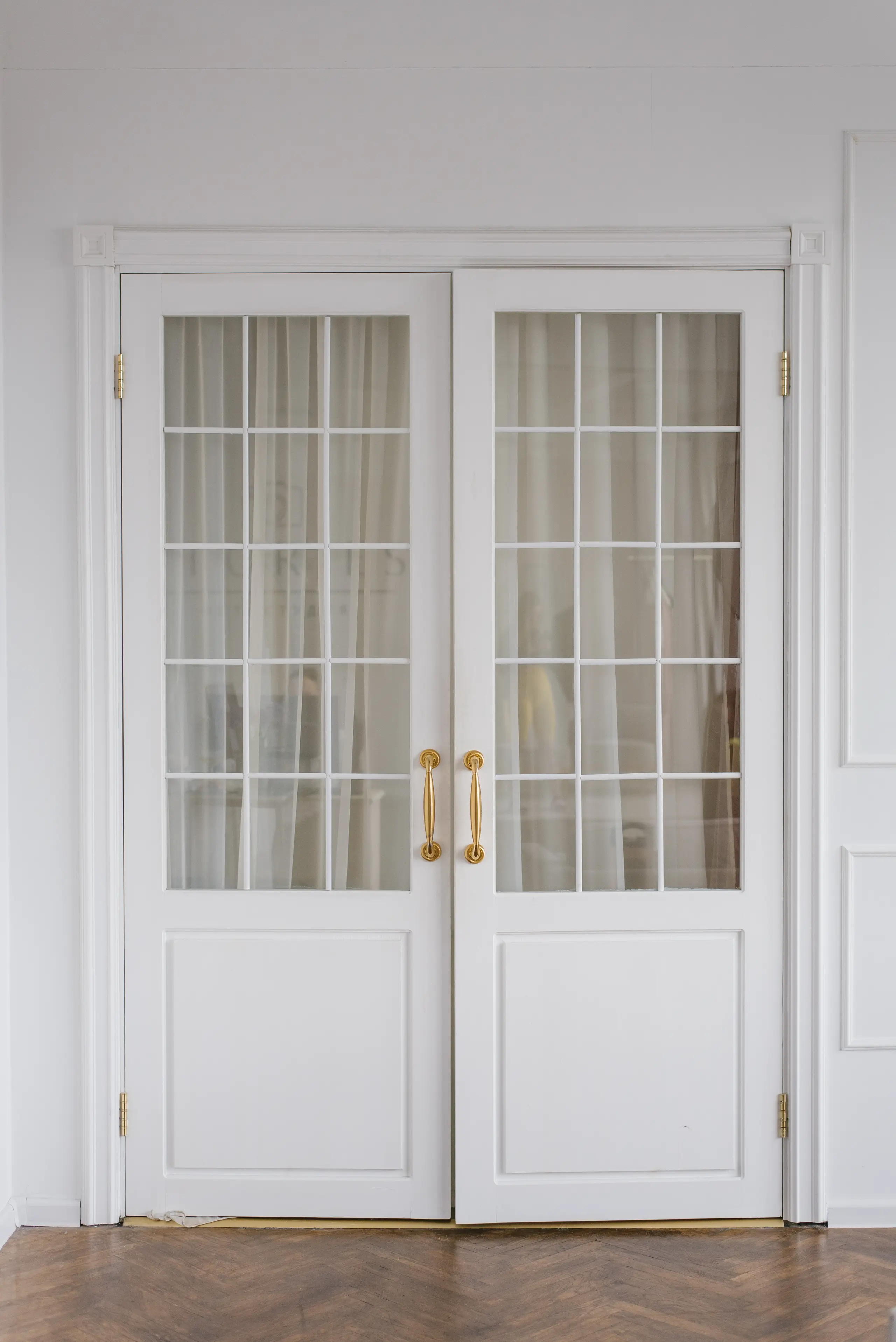 Elegant double doors with glass panels and gold handles in a bright interior