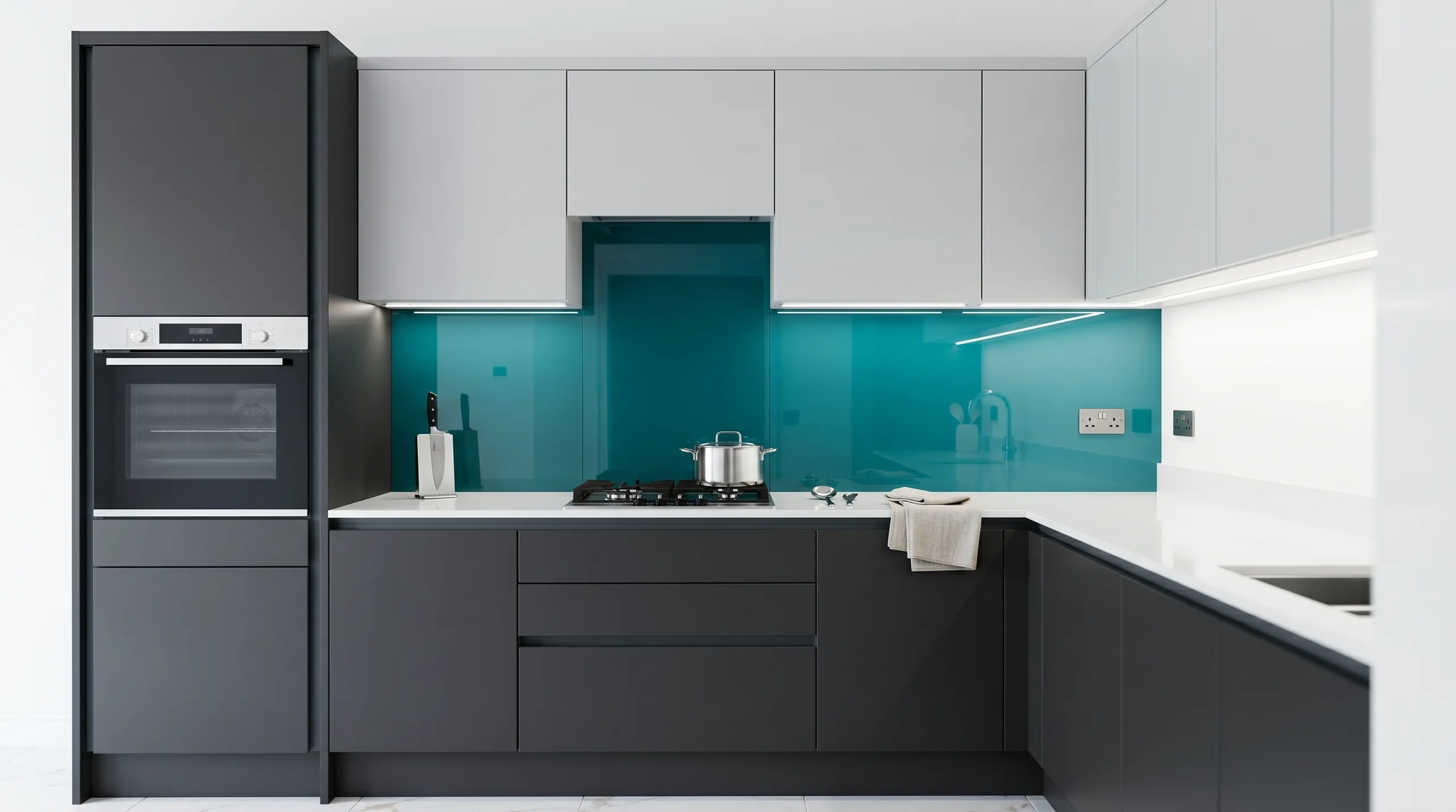 Modern kitchen with sleek cabinetry and a glass splashback in turquoise