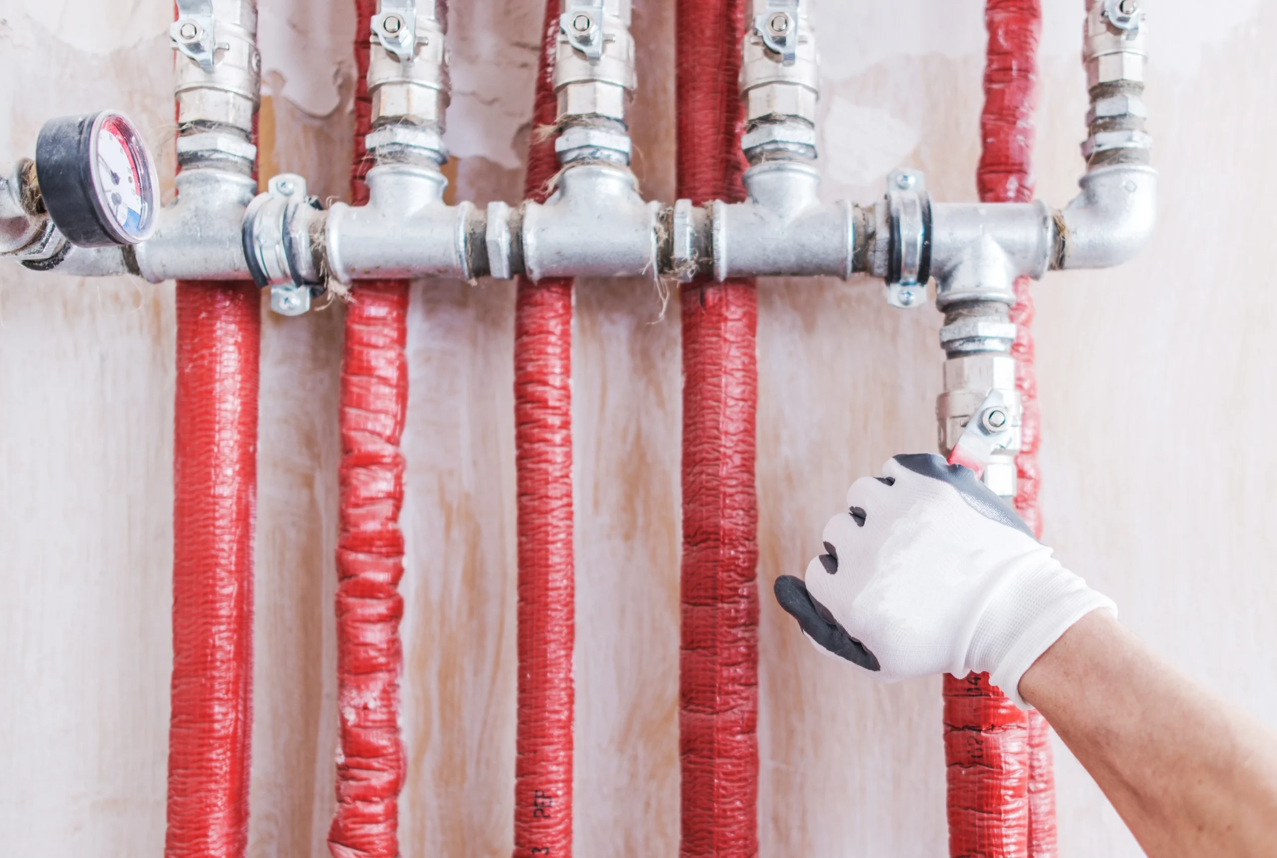 Close-up of plumbing installation with red pipes and valve adjustment