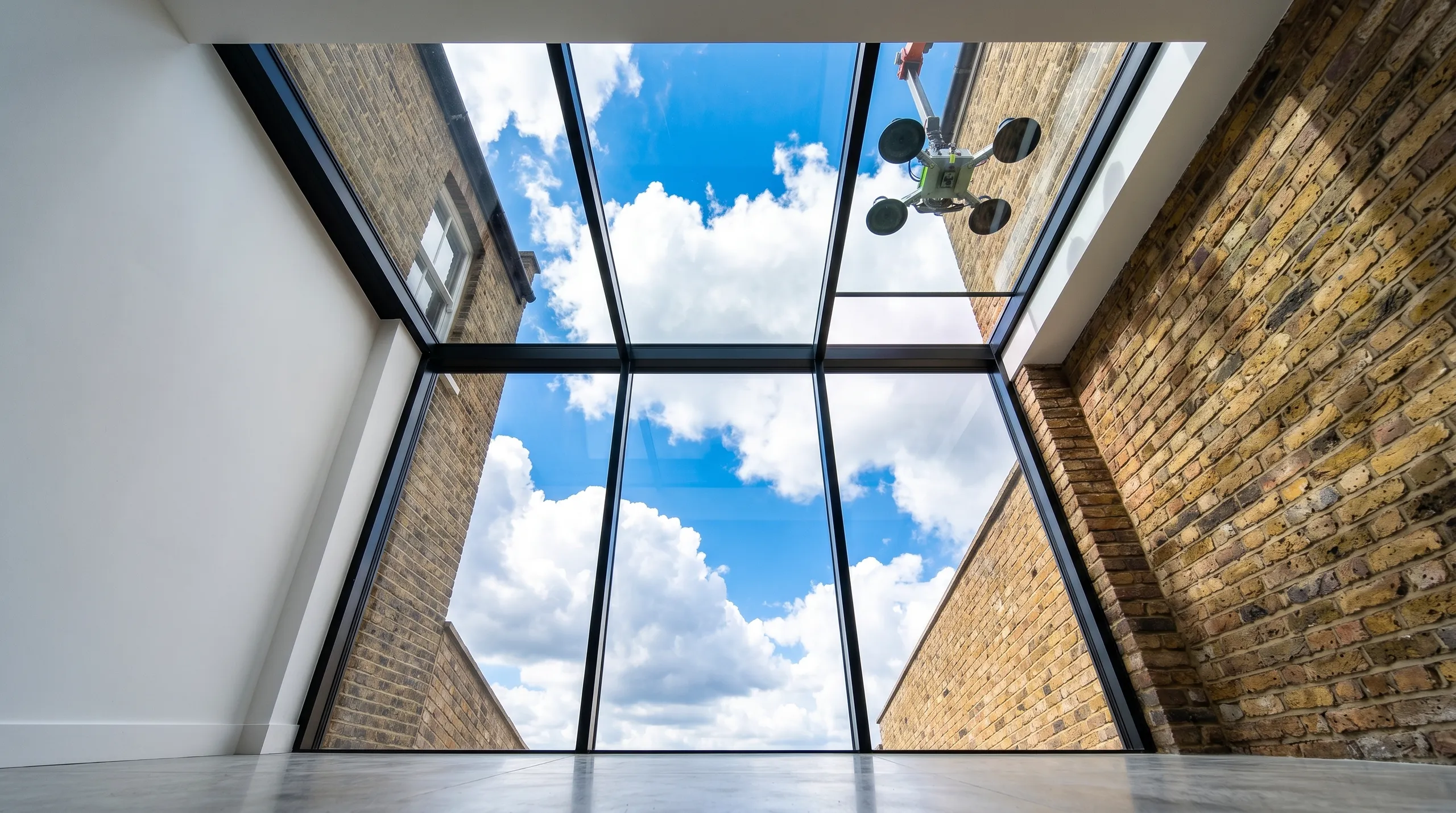 A modern glass roof installation showcasing a bright sky with clouds