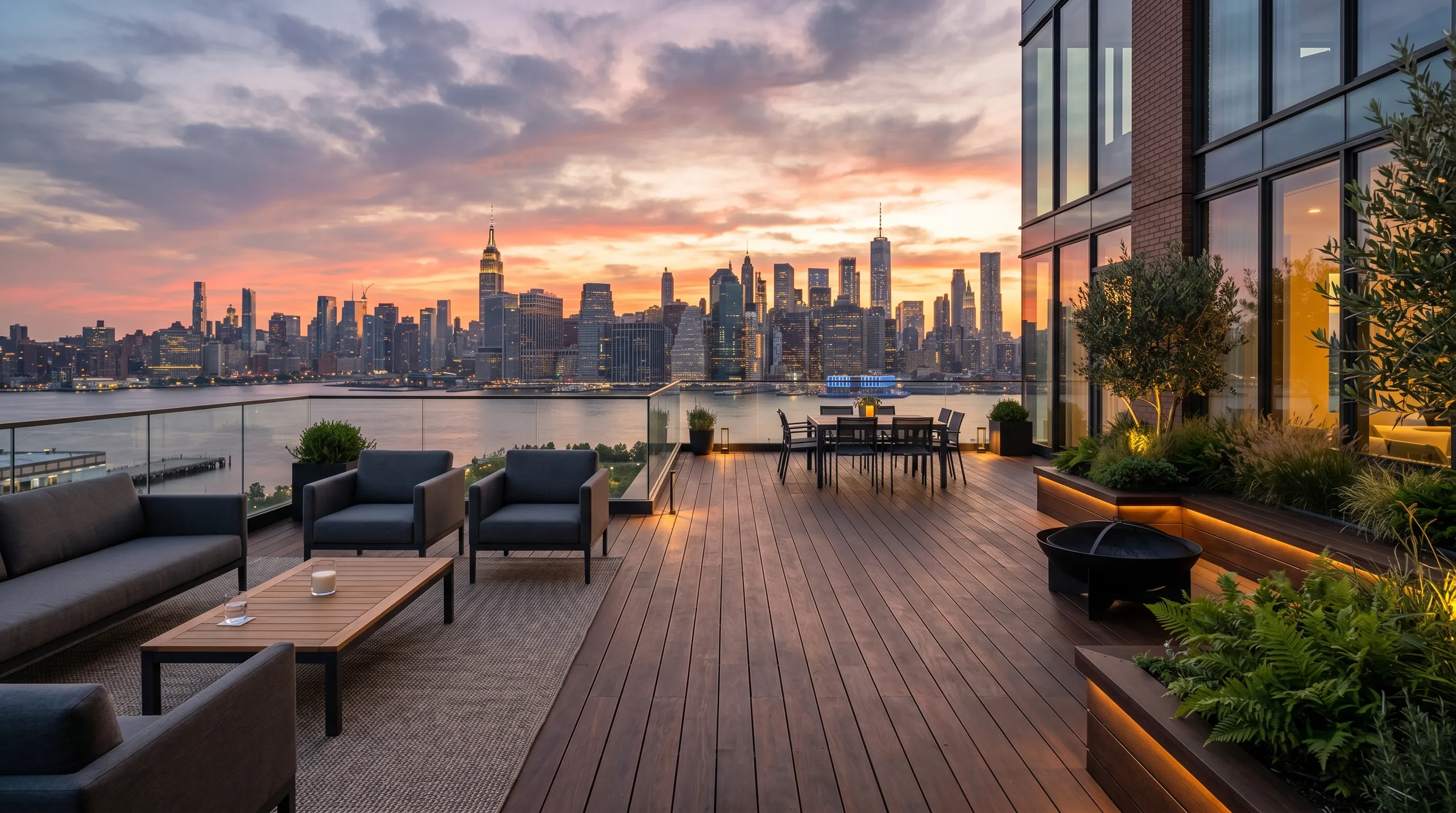 Modern roof terrace with seating and city skyline at sunset