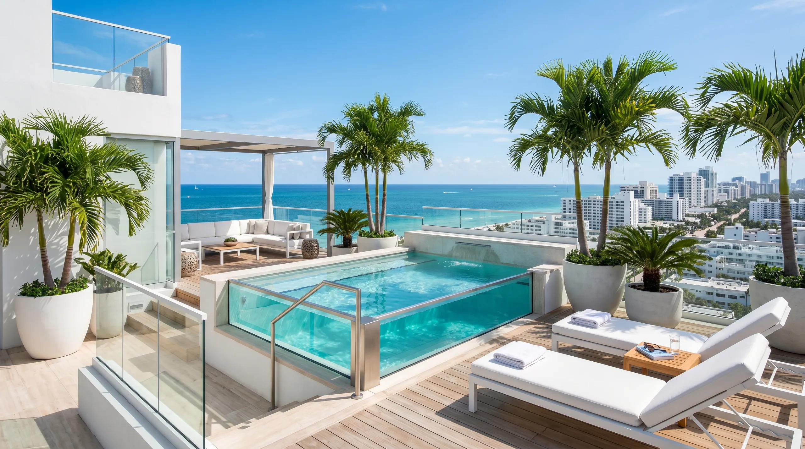 Modern rooftop terrace with swimming pool, palm trees, and panoramic ocean views