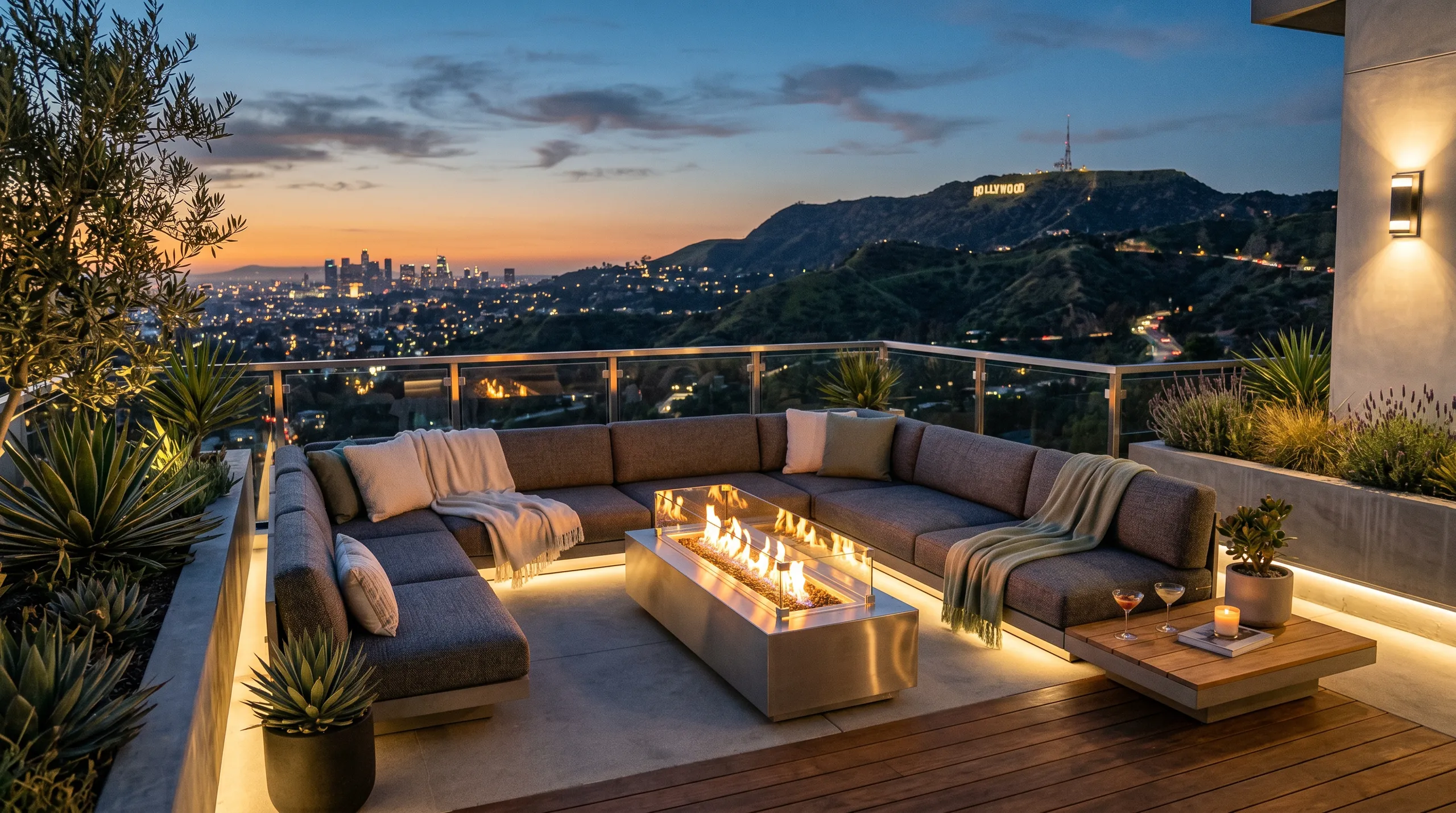Modern roof terrace with a fire pit, seating area, and city skyline view at sunset