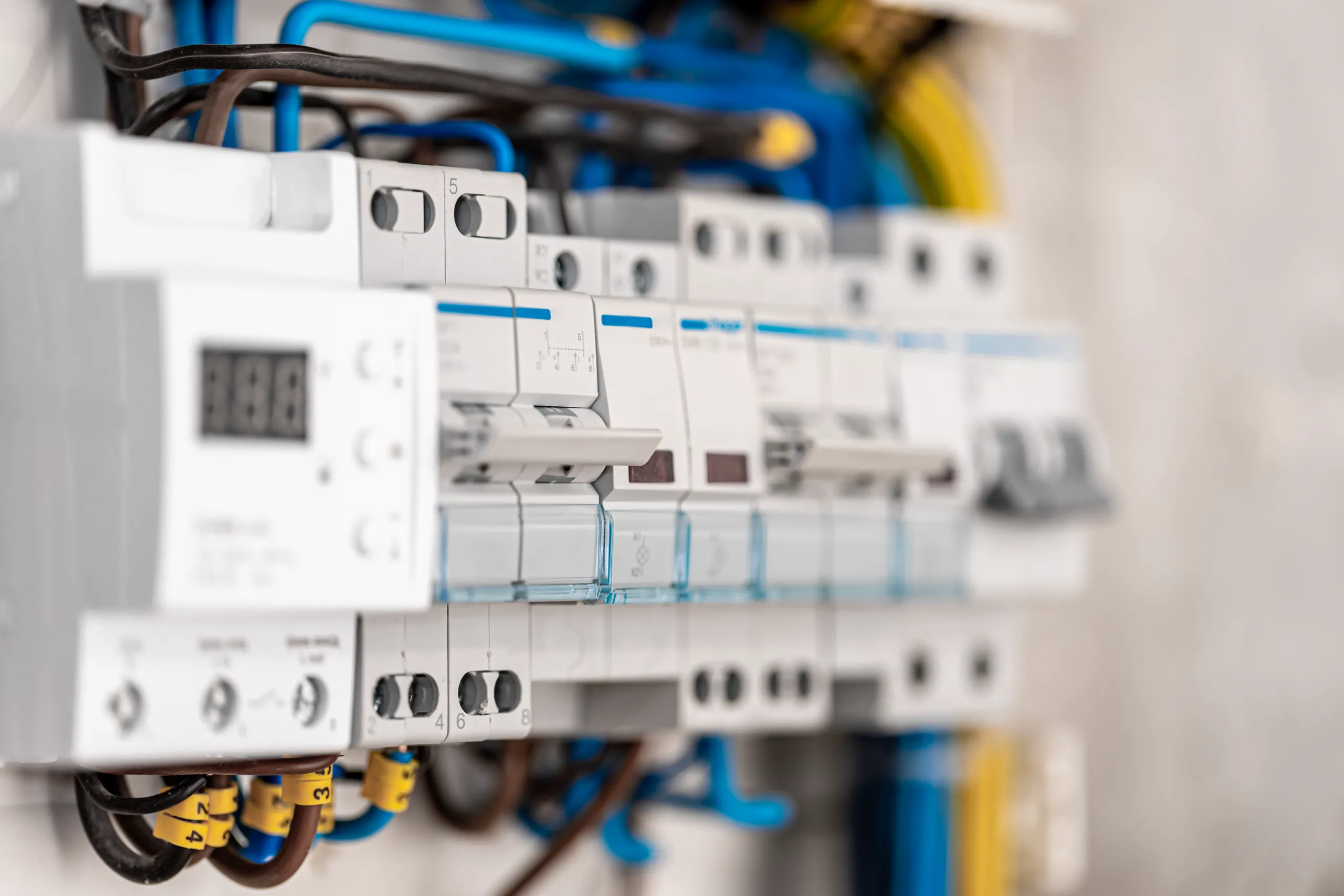 Close-up of an electrical installation showcasing circuit breakers and wiring