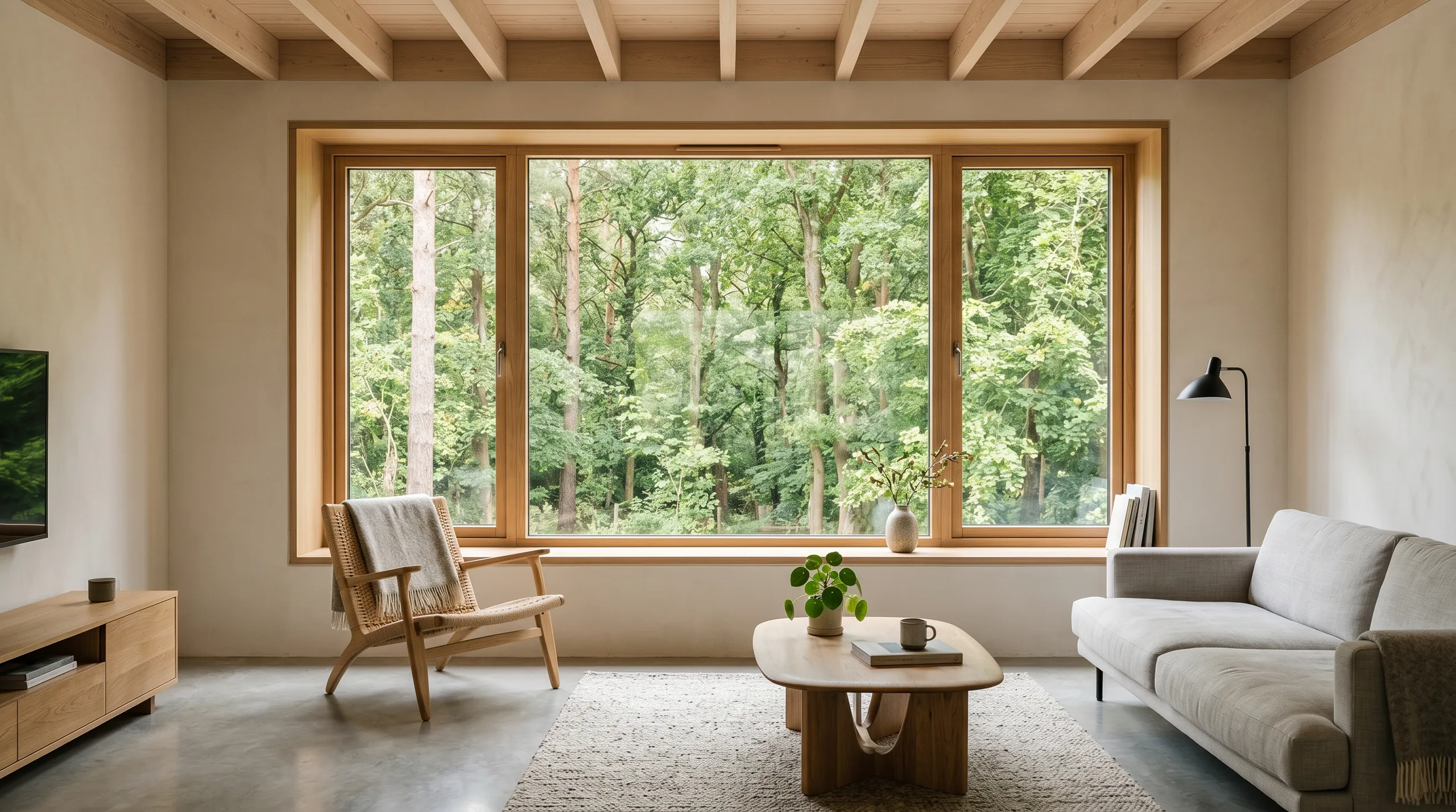 Cozy living room with large windows overlooking a green forest, featuring a sofa and wooden furniture