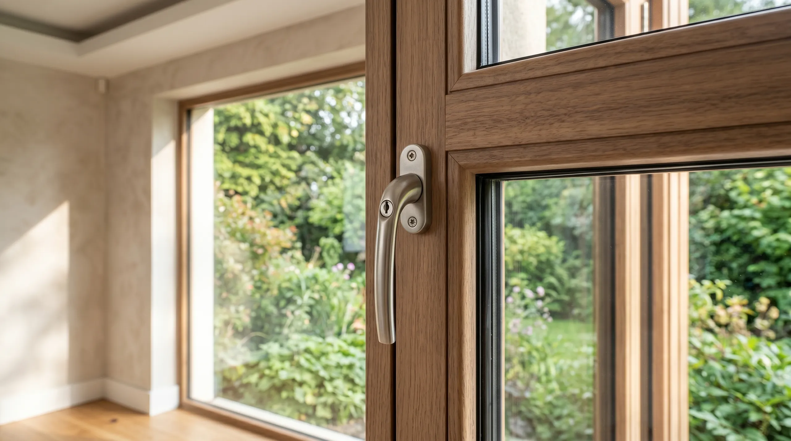 Close-up of a timber window handle with a garden view in the background, highlighting quality craftsmanship