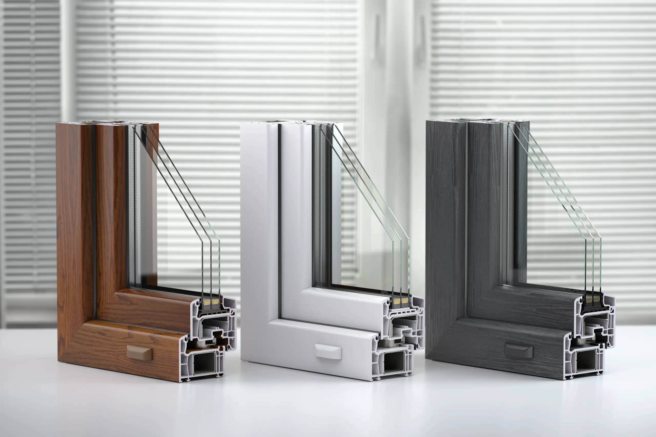 Close-up of uPVC Windows in various finishes displayed on a clean surface