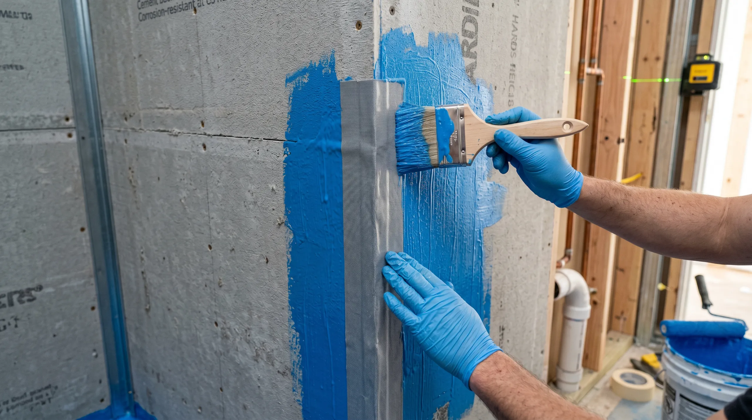 A hand applying waterproofing sealant with a brush on a wall in a construction site