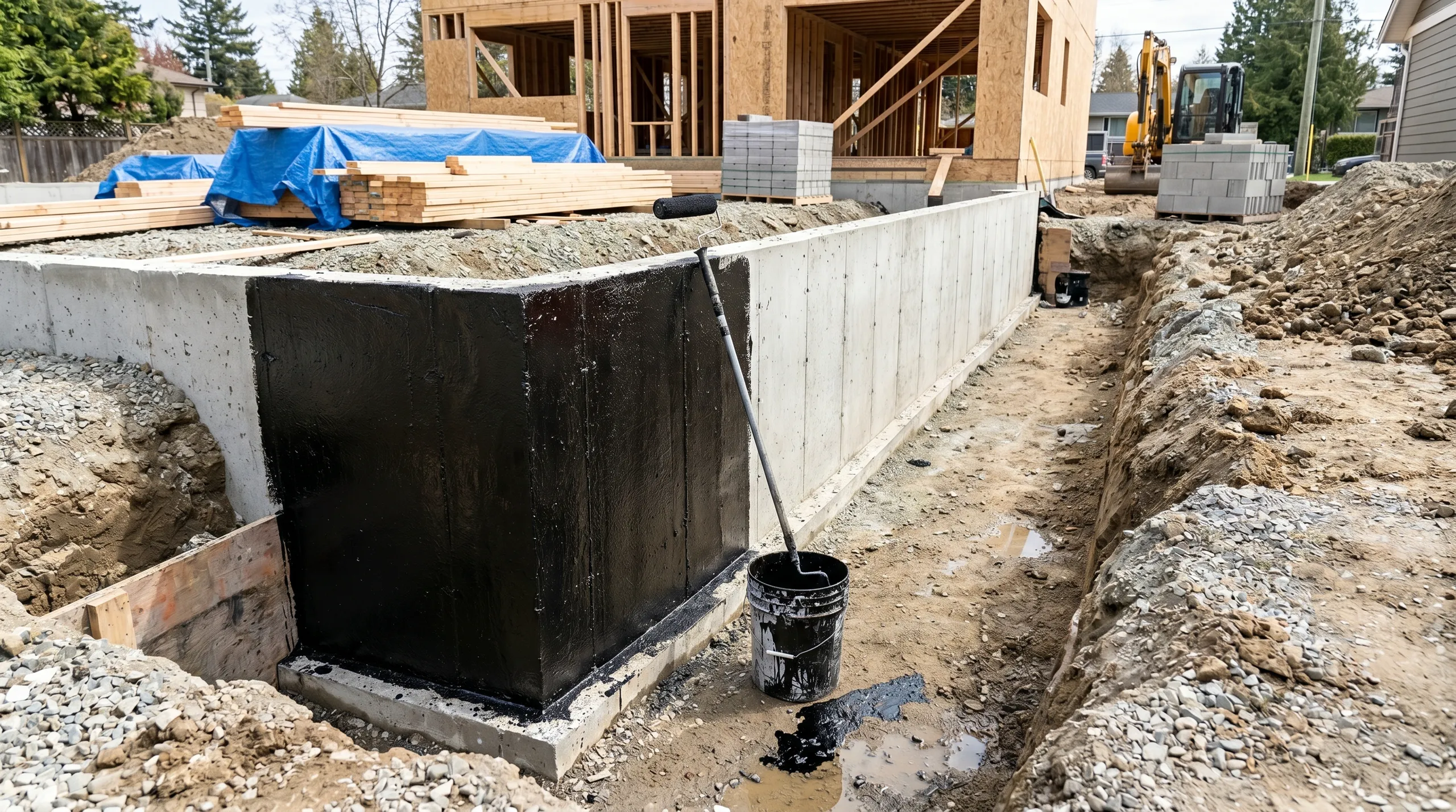 Foundation preparation for a home extension, showing concrete walls and construction materials