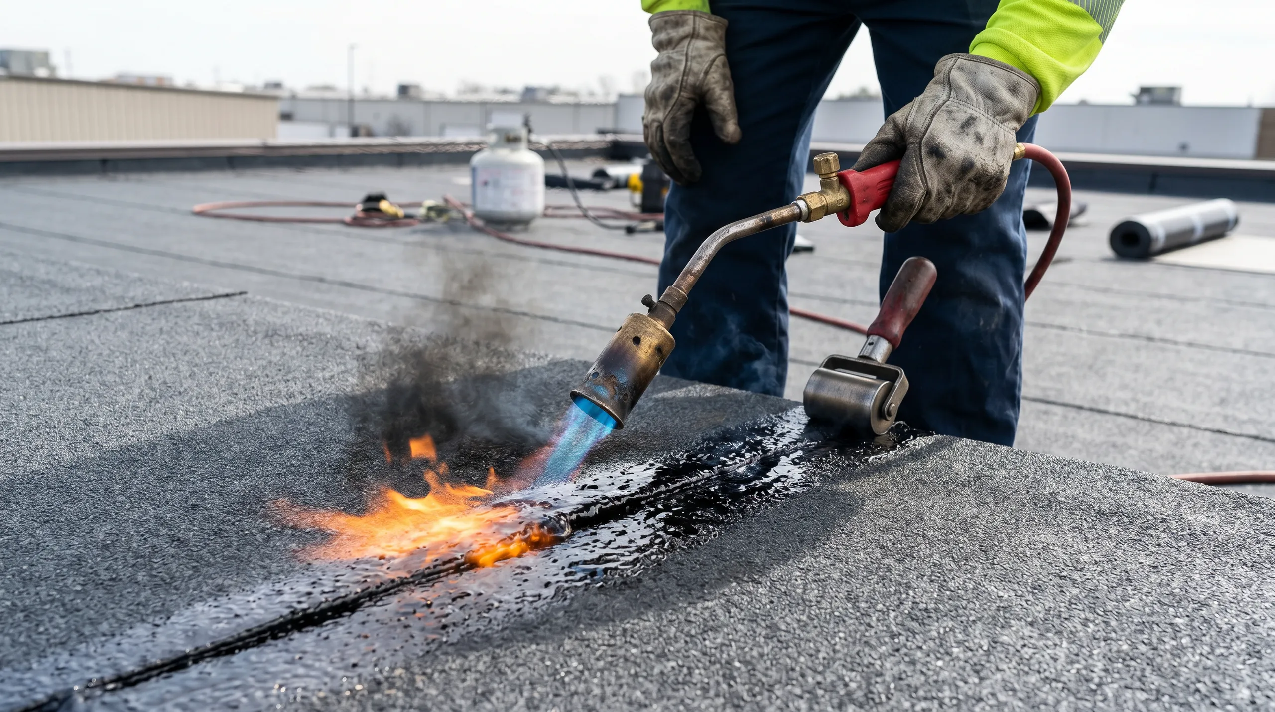 A worker using a torch for roof repair on a flat roof, applying heat to seal seams