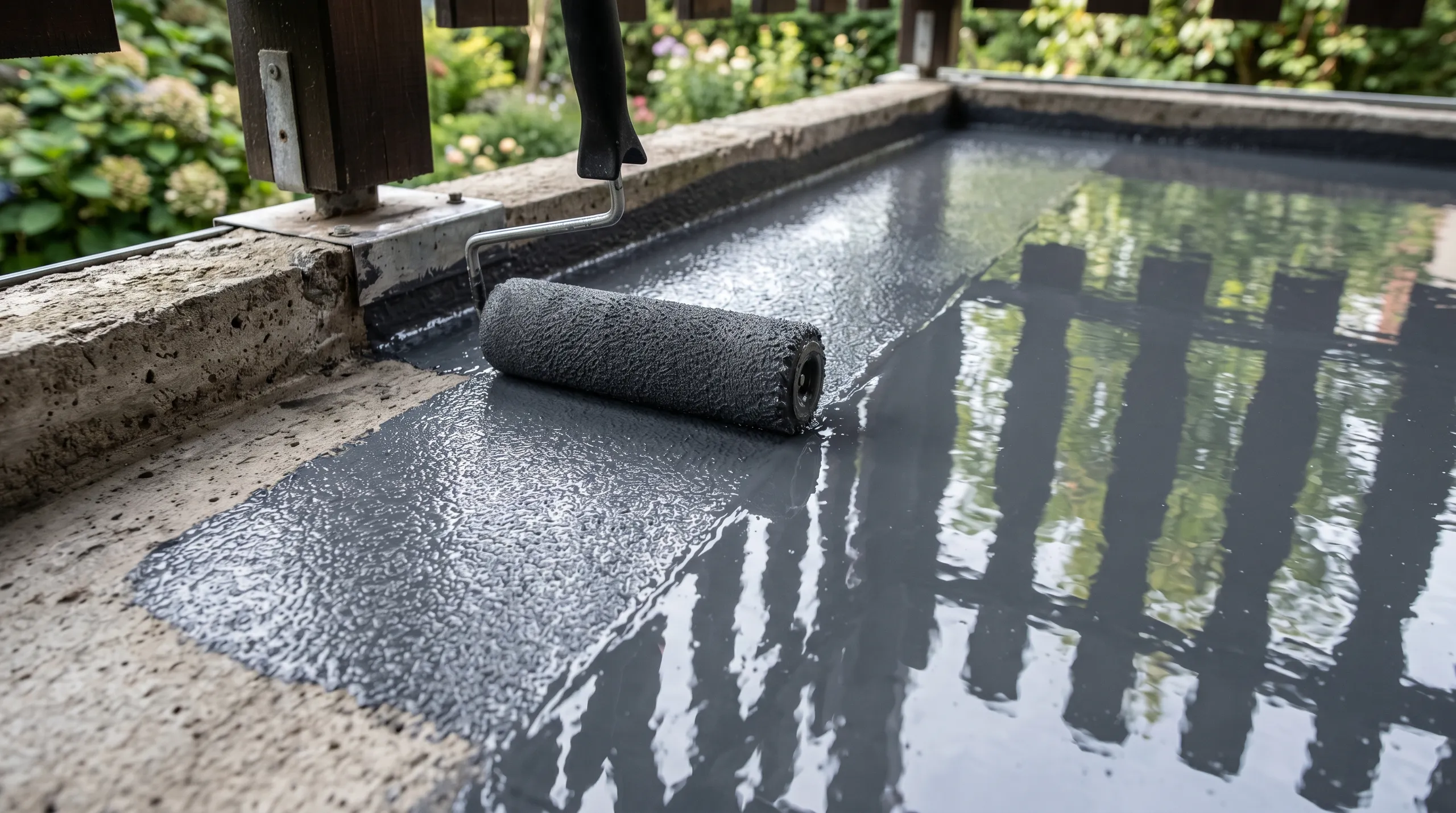 Applying waterproofing to a concrete surface with a roller for enhanced durability